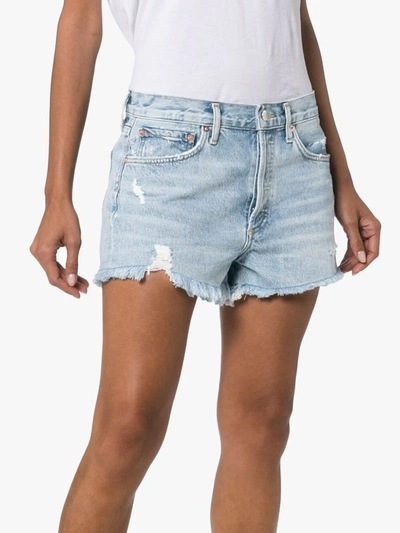 Agolde Parker Long Distressed Organic Denim Shorts In Blue