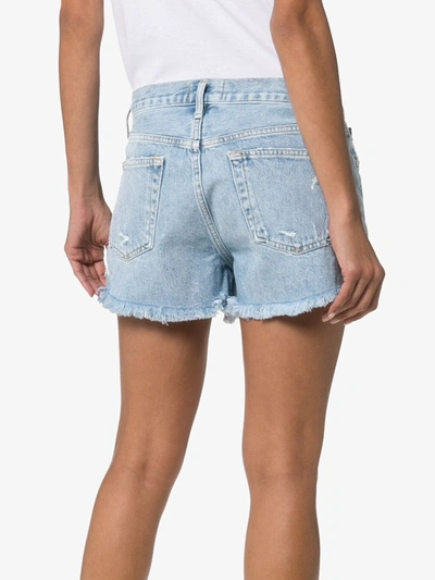 Agolde Parker Long Distressed Organic Denim Shorts In Blue