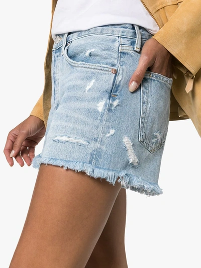 Agolde Parker Long Distressed Organic Denim Shorts In Blue