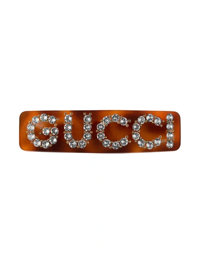 Shop Gucci Crystal  Single Hair Barrette In Brown