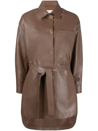 Shop Aeron Tie-waist Leather Coat In 褐色