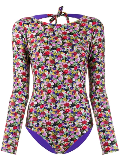 Shop La Doublej Floral Long-sleeve Swimsuit In Blue