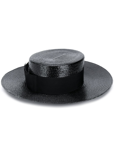 Shop Saint Laurent Small Straw Boater Hat In Black