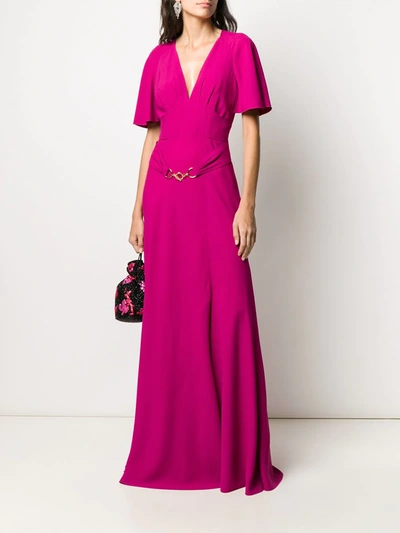 Shop Alberta Ferretti Deep V-neck Belted Evening Dress In Purple