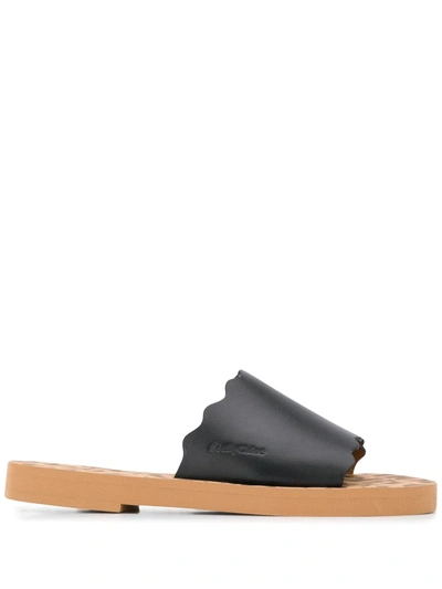 Shop See By Chloé Scalloped Leather Flats In Black