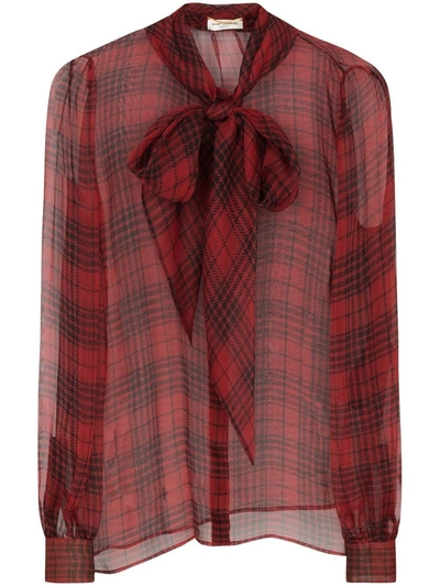 Shop Saint Laurent Semi-sheer Bow-detail Silk Blouse In Red
