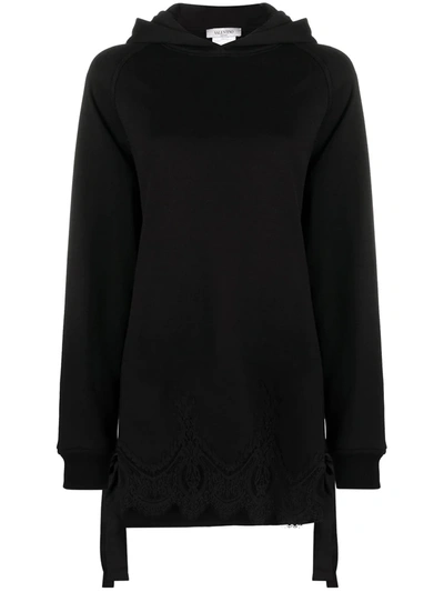 Shop Valentino Lace Trim Bow-embellished Hoodie In Black