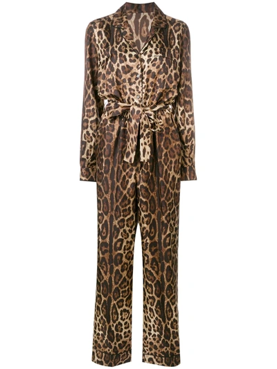 Shop Dolce & Gabbana Leopard-print Silk Pajama Jumpsuit In Brown