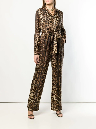 Shop Dolce & Gabbana Leopard-print Silk Pajama Jumpsuit In Brown