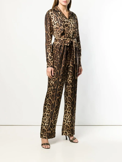 Shop Dolce & Gabbana Leopard-print Silk Pajama Jumpsuit In Brown