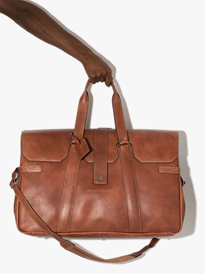 Shop Brunello Cucinelli Logo-stamp Leather Holdall In Brown