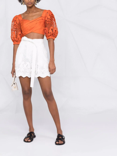 Shop Self-portrait Lace Puff-sleeves Crossover Cropped Top In Orange