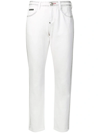 Shop Philipp Plein Crystal Embellished Slim-fit Jeans In White