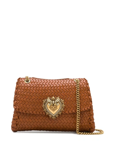 Shop Dolce & Gabbana Devotion Woven Shoulder Bag In Brown
