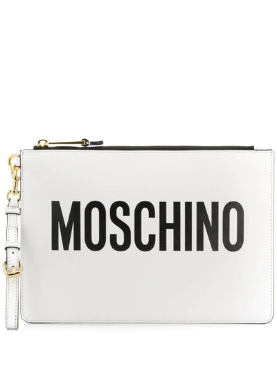 Shop Moschino Logo Printed Clutch In White