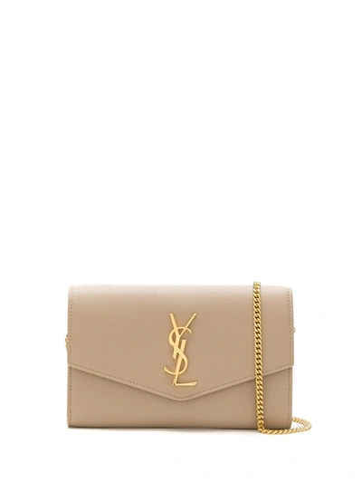 Chain-strap YSL-plaque grained-leather wallet
