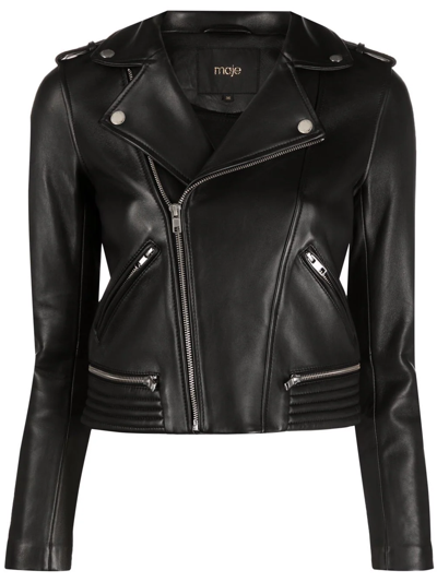 Shop Maje Lambskin Biker Jacket In Black