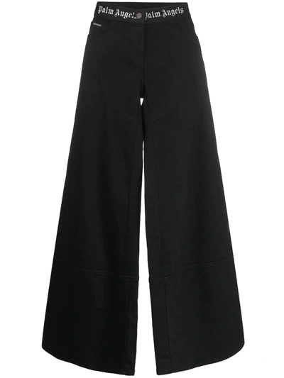 Shop Palm Angels Wide Leg Logo Waistband Jeans In Black