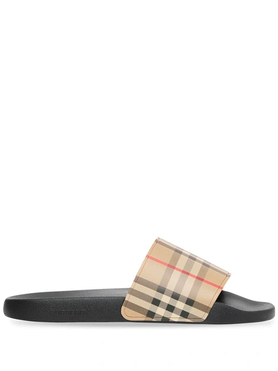 Shop Burberry Furley Vintage Check Slides In Neutrals ,black