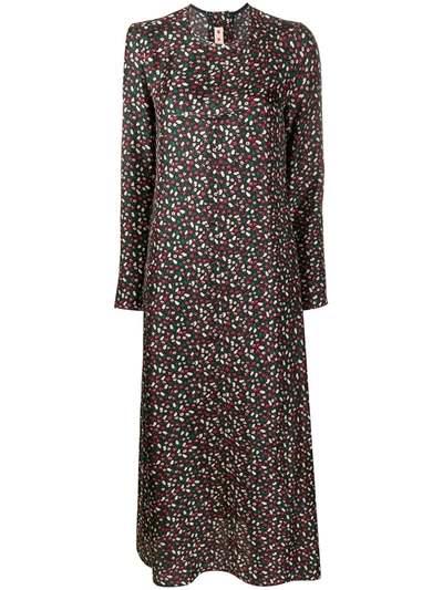 Shop Marni Long-sleeved Floral Print Midi Dress In Black