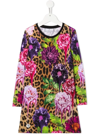 Shop Philipp Plein Junior Leopard Floral Print Dress In Pink