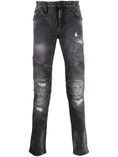 Shop Philipp Plein Biker Destroyed Motox Denim Jeans In Grey