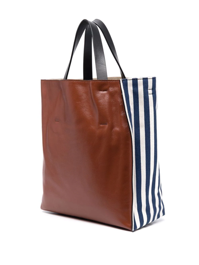 Marni Museo Striped Cotton Canvas And Leather Soft Tote Bag In