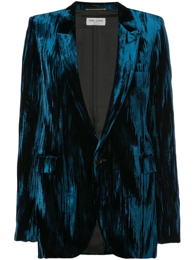 Shop Saint Laurent Crinkled Velvet One-button Blazer In Blue