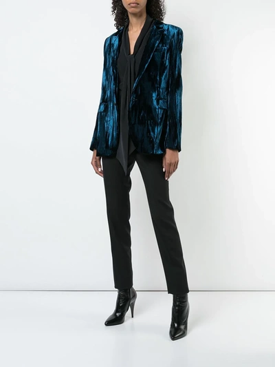 Shop Saint Laurent Crinkled Velvet One-button Blazer In Blue