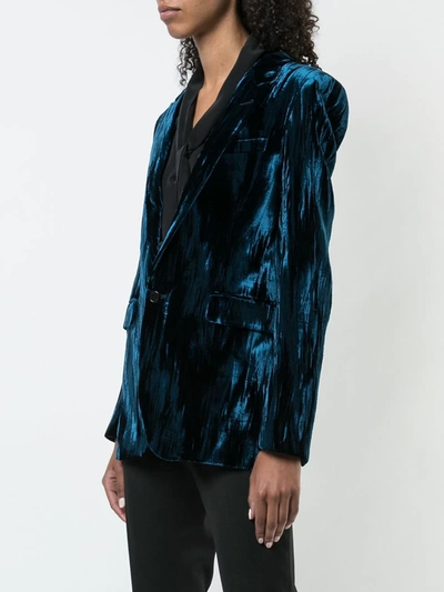 Shop Saint Laurent Crinkled Velvet One-button Blazer In Blue