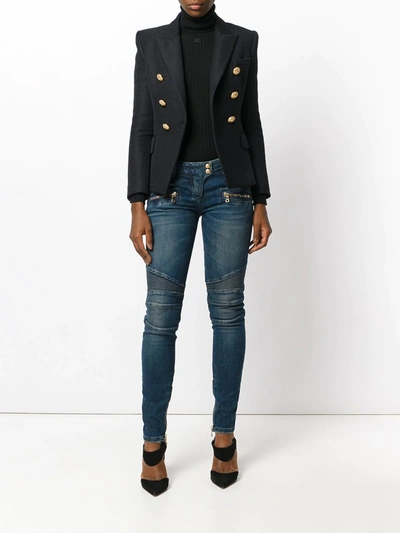 Balmain Stonewashed Denim Biker Jeans In Blue