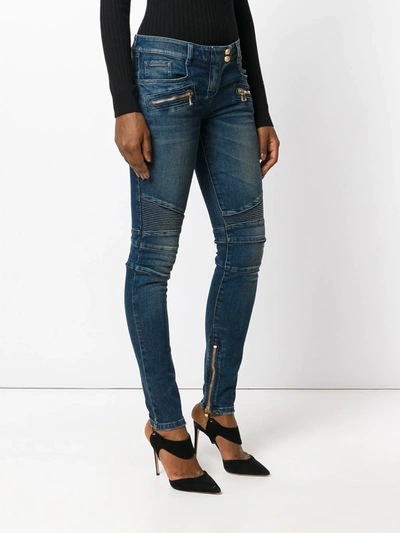 Balmain Stonewashed Denim Biker Jeans In Blue