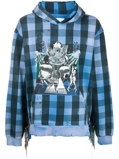 Shop Alchemist Check-print Frayed-trim Hoodie In Blue