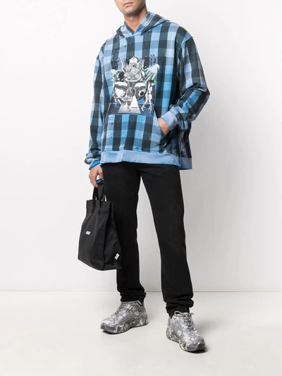 Shop Alchemist Check-print Frayed-trim Hoodie In Blue