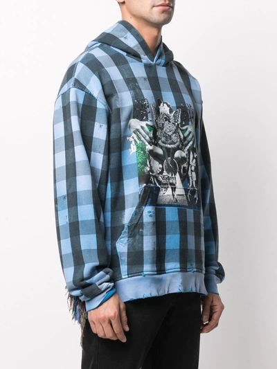 Shop Alchemist Check-print Frayed-trim Hoodie In Blue