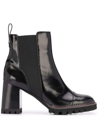 Shop See By Chloé Leather Chunky Heel Ankle Boots In Black