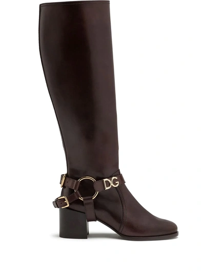 Shop Dolce & Gabbana Logo Plaque Boots In Brown