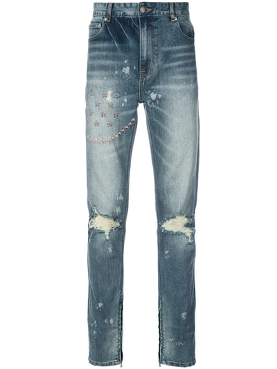 Shop God's Masterful Children Ripped Embroidered Slim-fit Jeans In Blue