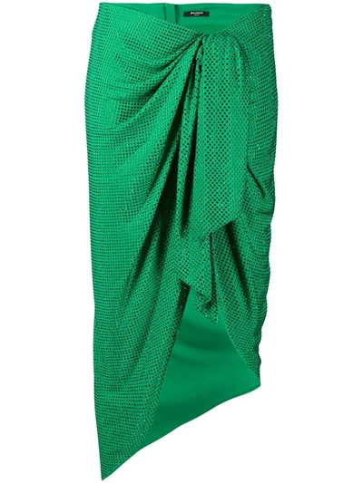 Shop Balmain Polka-dot Ruched Midi Skirt In Green