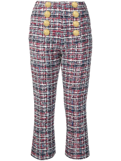 Shop Balmain Buttoned Flared Tweed Trousers In Blue
