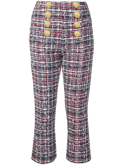 Balmain Button-detailed High-waisted Cropped Tweed Pants In Blue