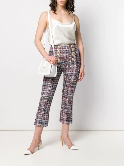 Balmain Button-detailed High-waisted Cropped Tweed Pants In Blue