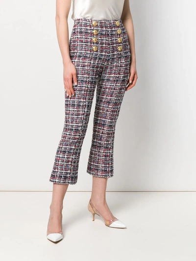 Balmain Button-detailed High-waisted Cropped Tweed Pants In Blue