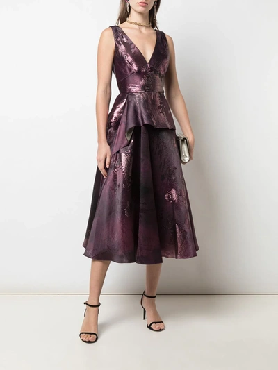 Shop Marchesa Notte Metallic-print Flared Dress In Purple