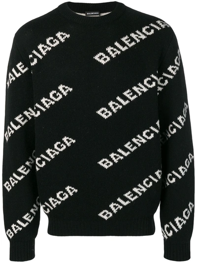 Shop Balenciaga Intarsia-knit Logo Jumper In Black