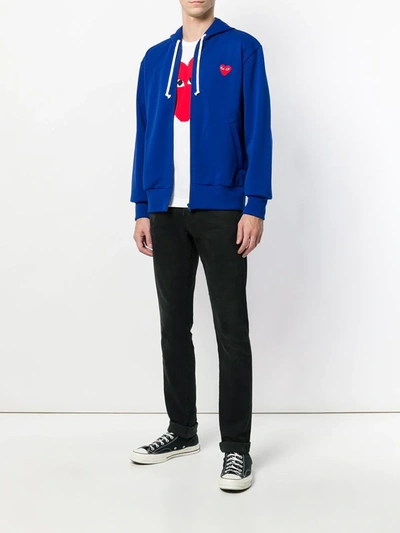 Shop Comme Des Garçons Play Zipped Heart Logo Hoodie In Blue