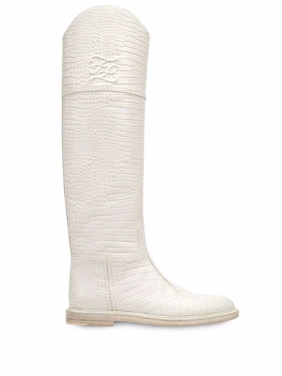 Shop Fendi Karligraphy Croc-effect Knee-high Boots In White