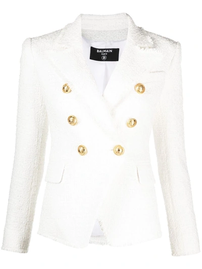 Shop Balmain Bouclé Double Breasted Blazer Jacket In White