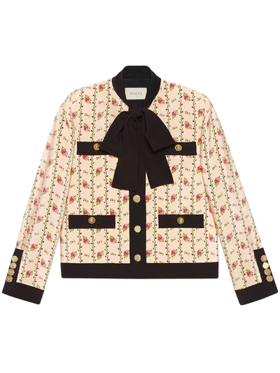 Shop Gucci Rose Print Silk Marocain Jacket In Neutrals