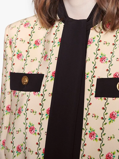 Shop Gucci Rose Print Silk Marocain Jacket In Neutrals